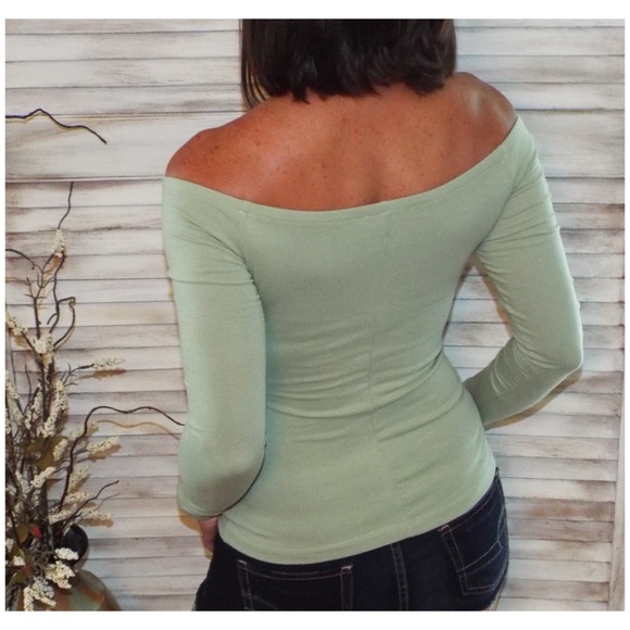 Off Shoulder Form Fitting Top Sage Green 1318 - Picture 5 of 5